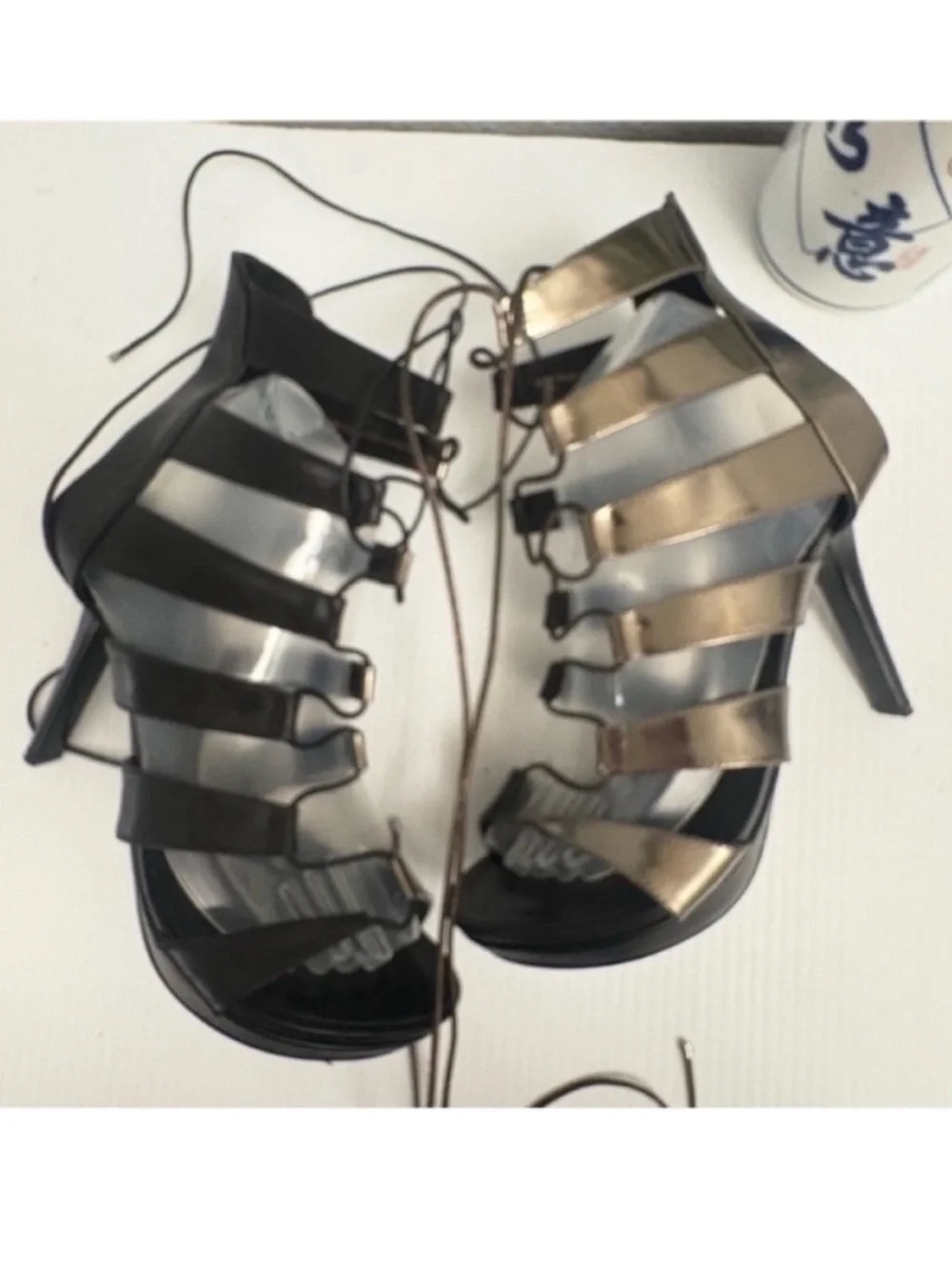 THESIS Couture Gladiator Black Silver Metallic Strappy High Heel Sandals Sz 39